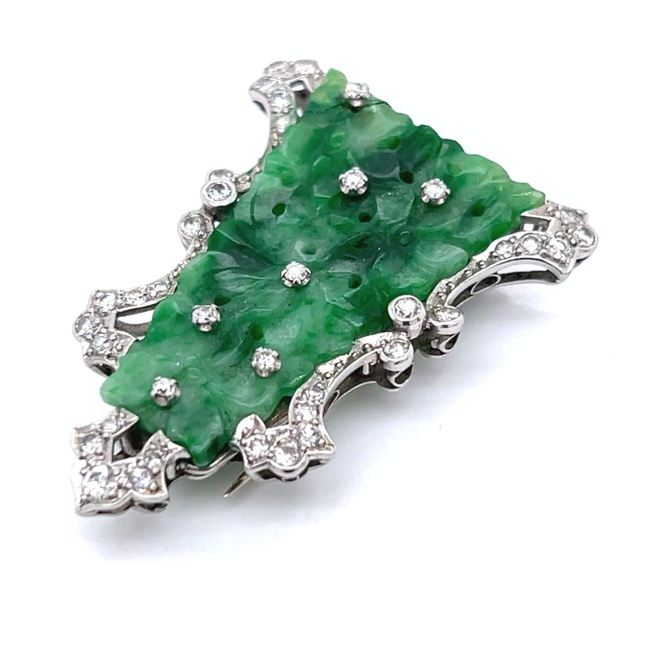 Art Deco Platinum Jade & Diamond Brooch