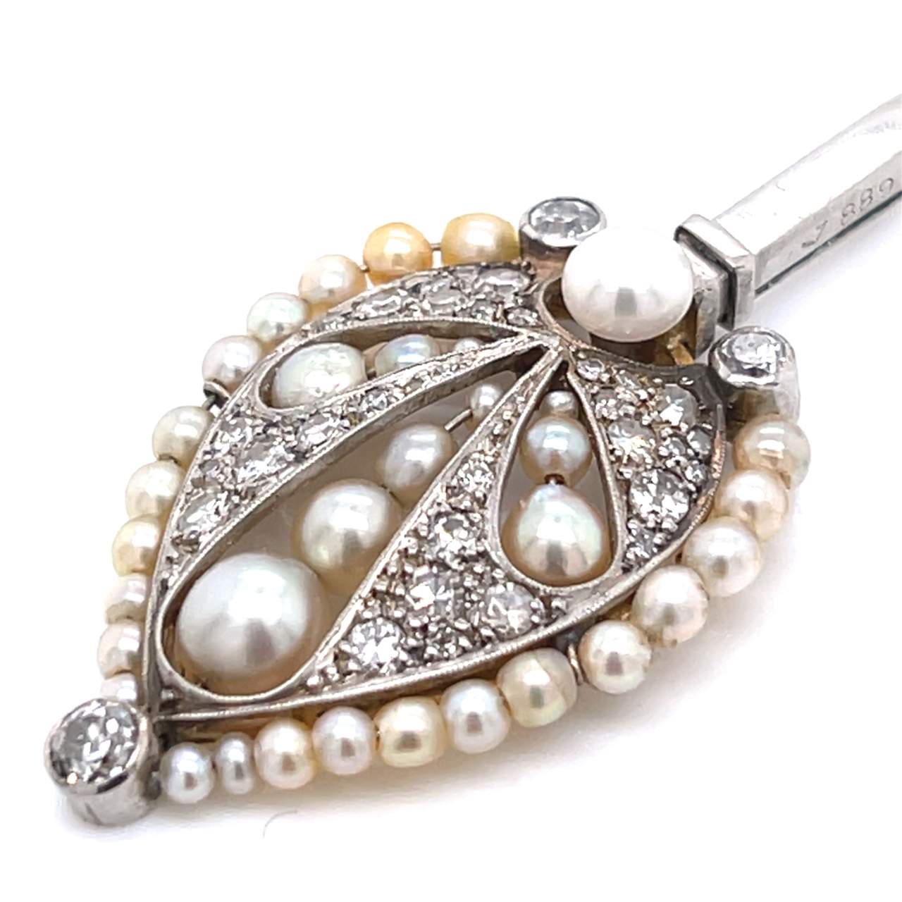 French Art Deco Platinum Natural Pearl & Diamond Jabot Pin