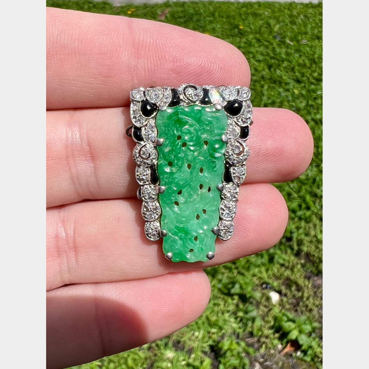 Art Deco Platinum Jade, Onyx, and Diamond Piece