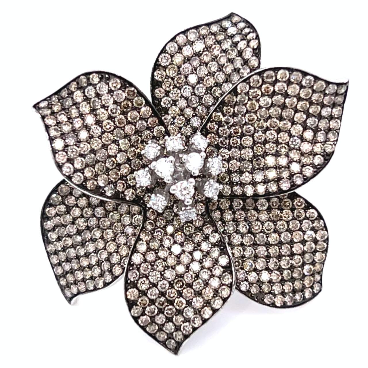 14K White Gold Champagne Diamond Flower Ring