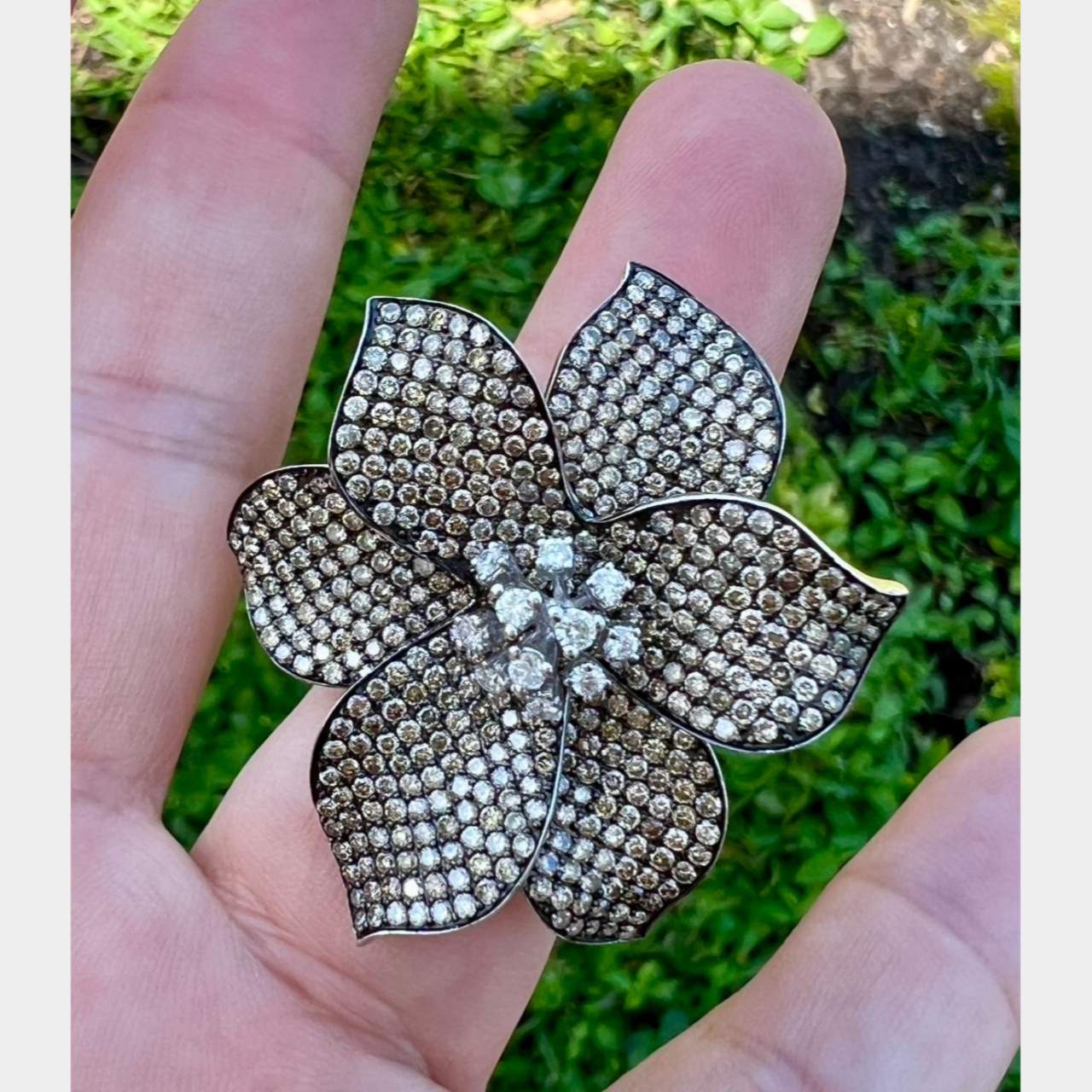 14K White Gold Champagne Diamond Flower Ring
