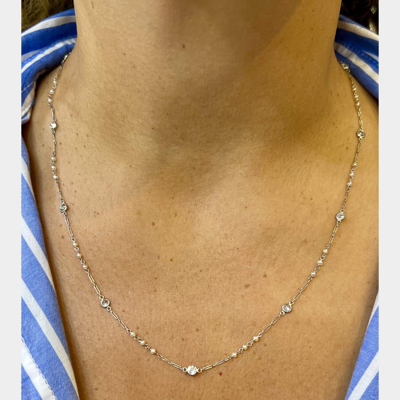 Platinum Natural Pearl & Diamond by the Yard Necklace