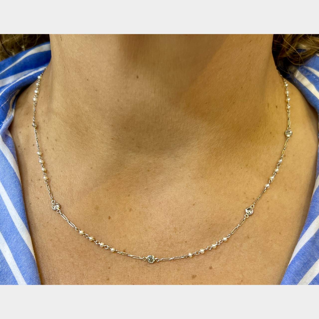 Platinum Natural Pearl & Diamond by the Yard Necklace