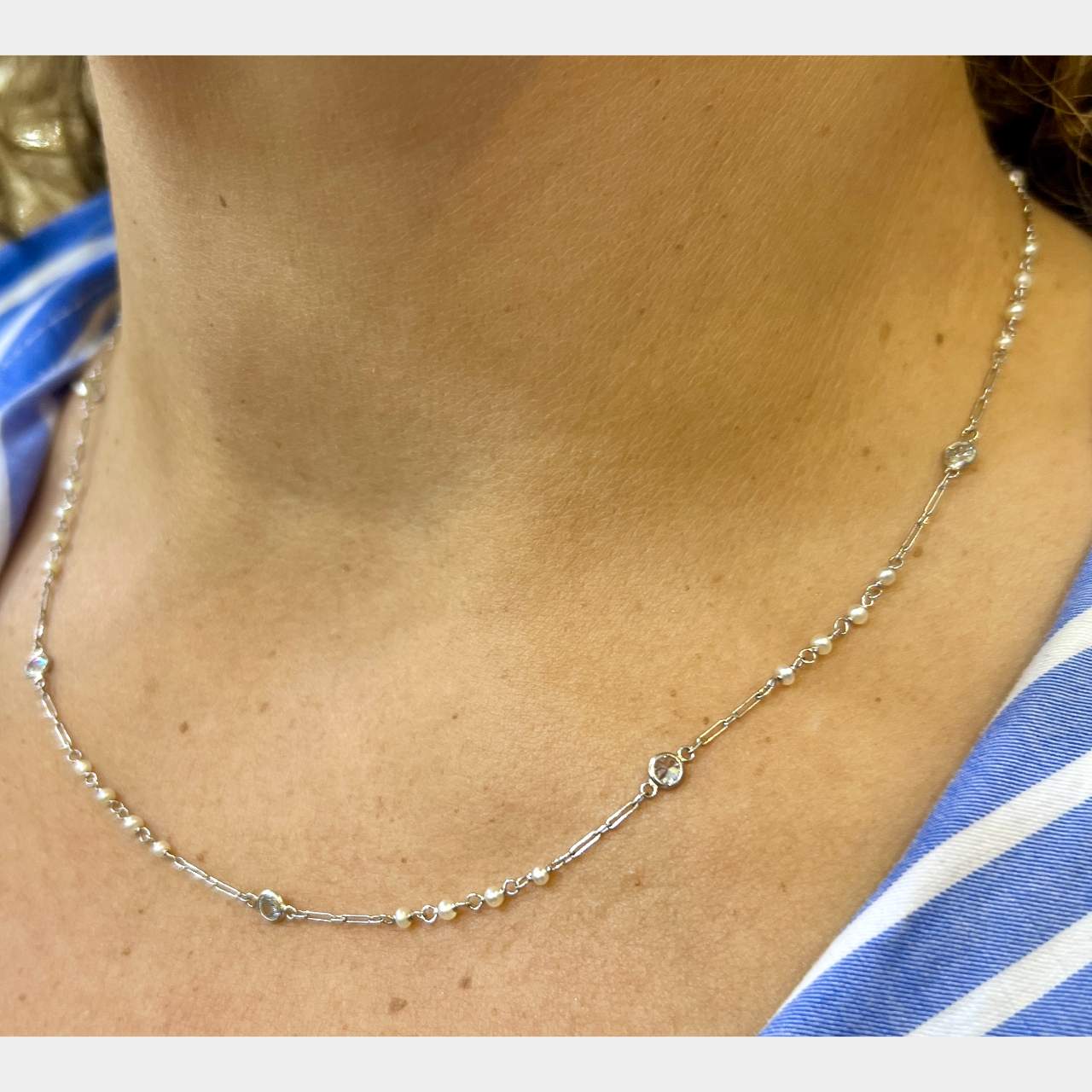 Platinum Natural Pearl & Diamond by the Yard Necklace