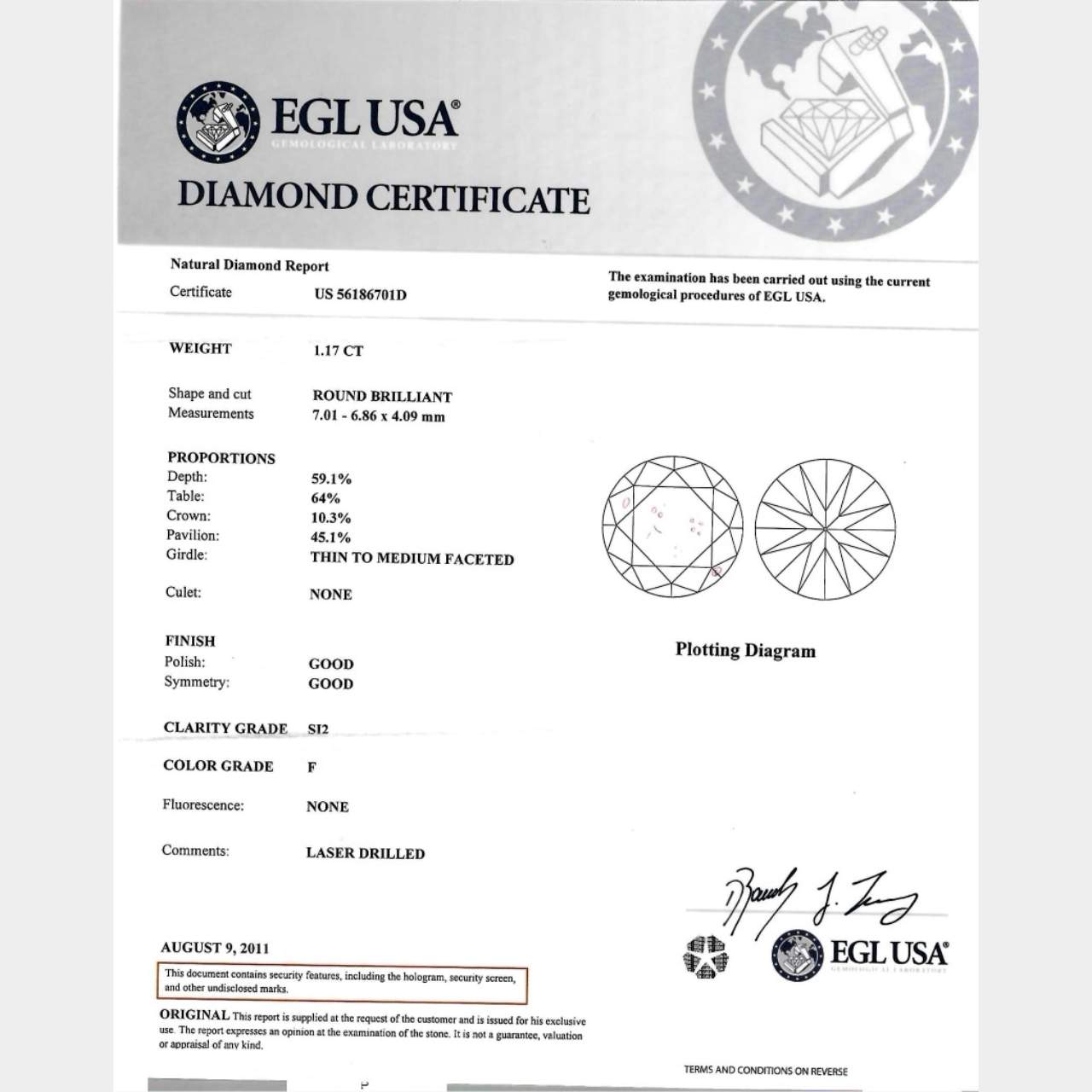 14K White Gold EGL Certified 1.17 Ct. Diamond Ring