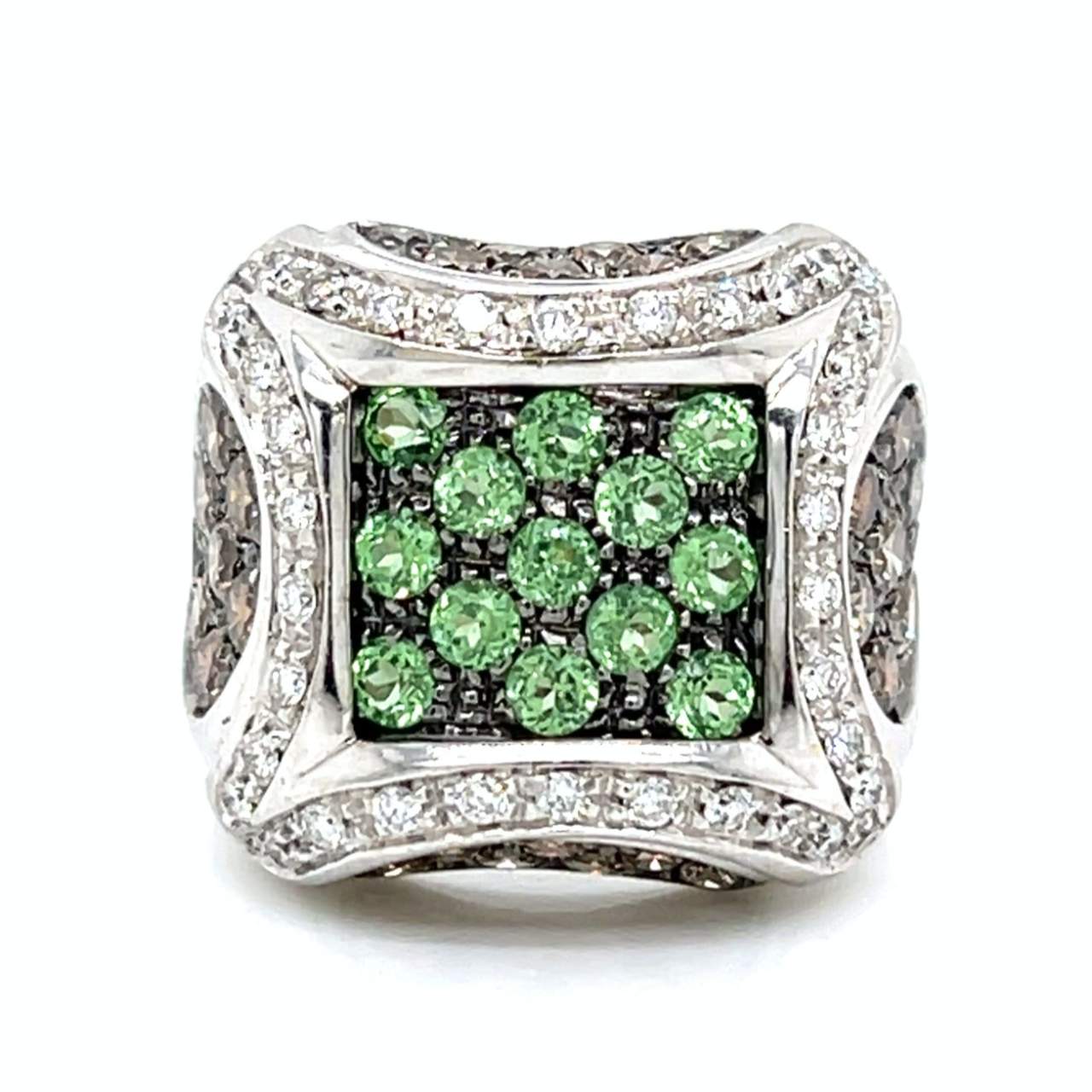 18K White Gold Champagne Diamond & Tsavorite Garnet Ring