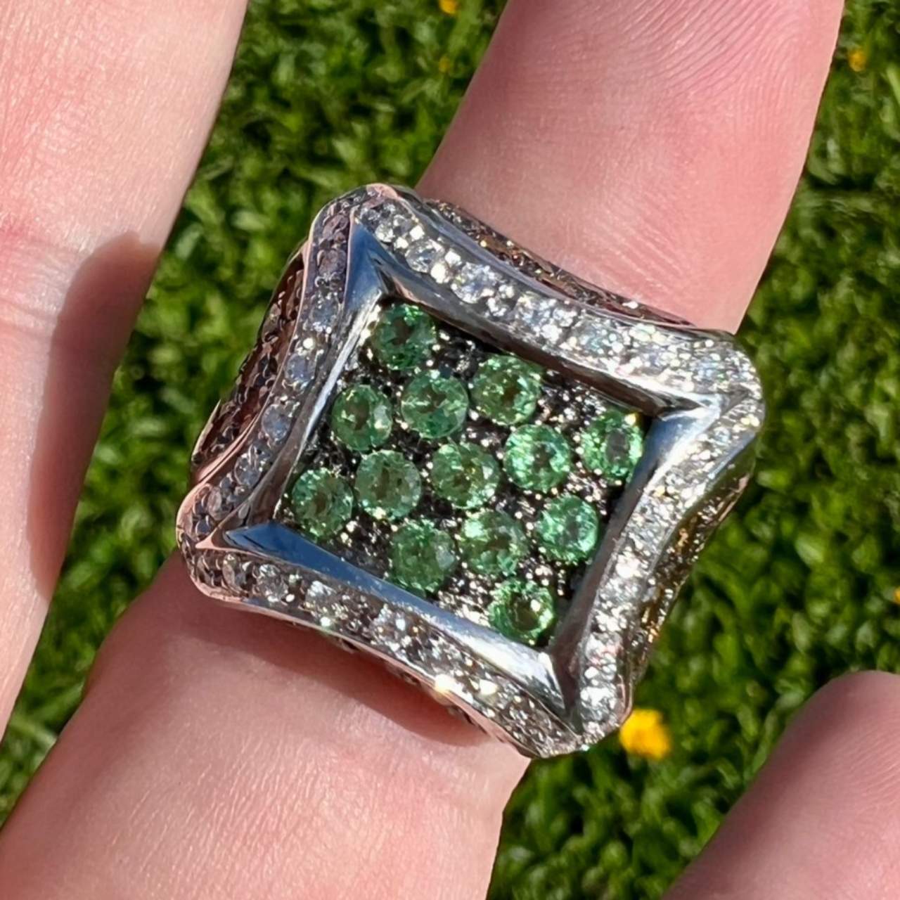 18K White Gold Champagne Diamond & Tsavorite Garnet Ring