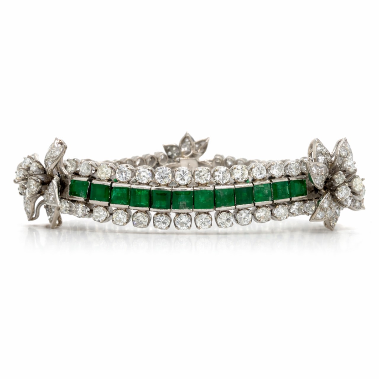 14K White Gold Emerald & Diamond Bracelet