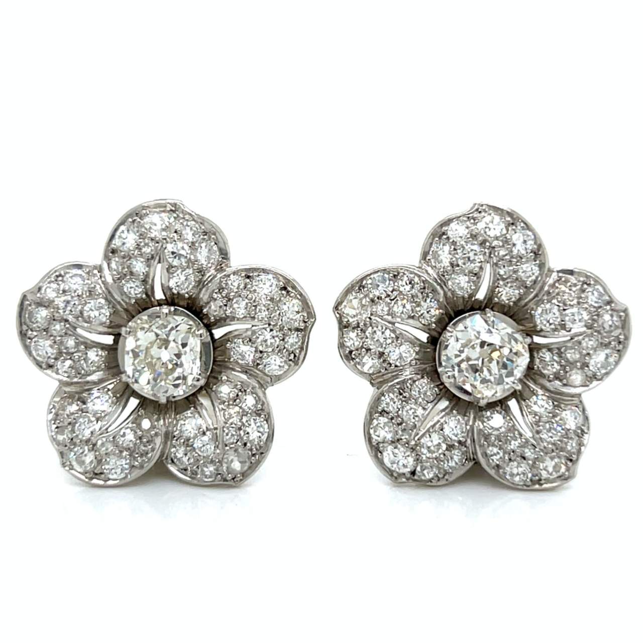 Art Deco Platinum 6.60 Ct. Diamond Flower Earrings