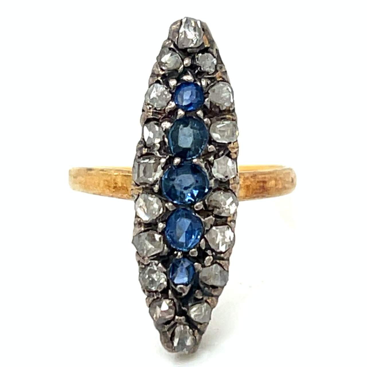 Victorian 18K Yellow Gold & Silver Top Diamond and Sapphire Ring