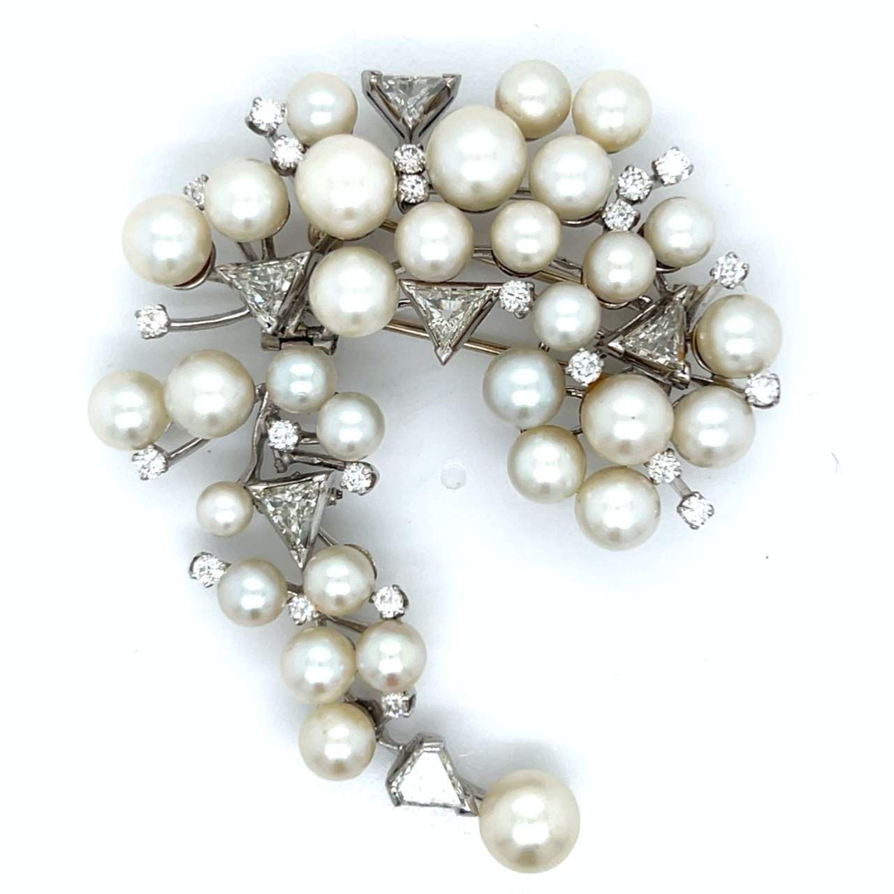 1960’s 18K White Gold & Palladium Cultured Pearl and Diamond Brooch