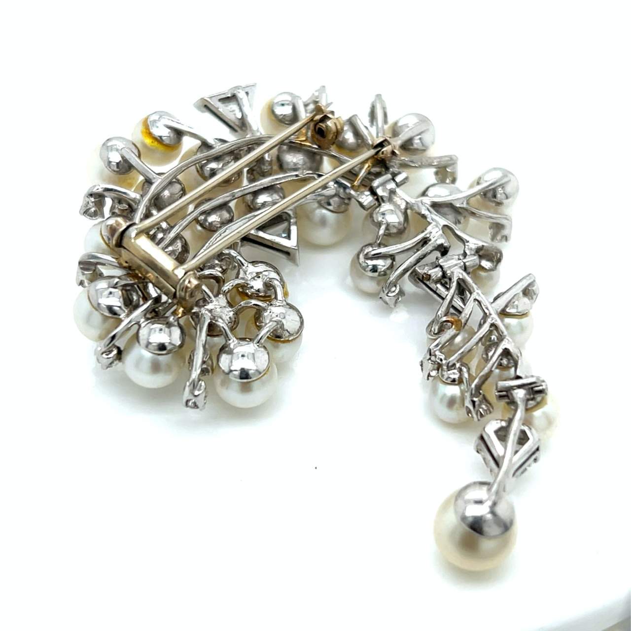1960’s 18K White Gold & Palladium Cultured Pearl and Diamond Brooch