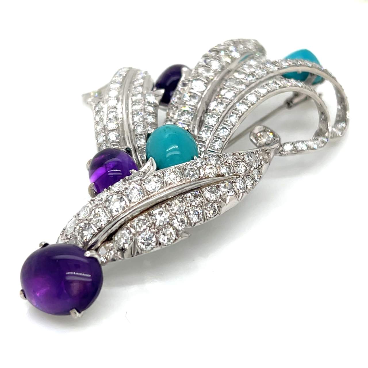 1960’s Platinum Diamond, Amethyst, & Turquoise Brooch