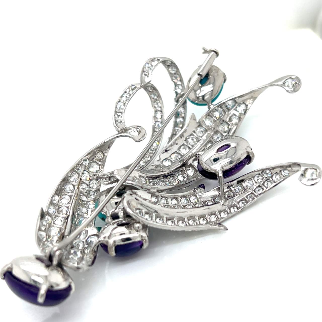 1960’s Platinum Diamond, Amethyst, & Turquoise Brooch