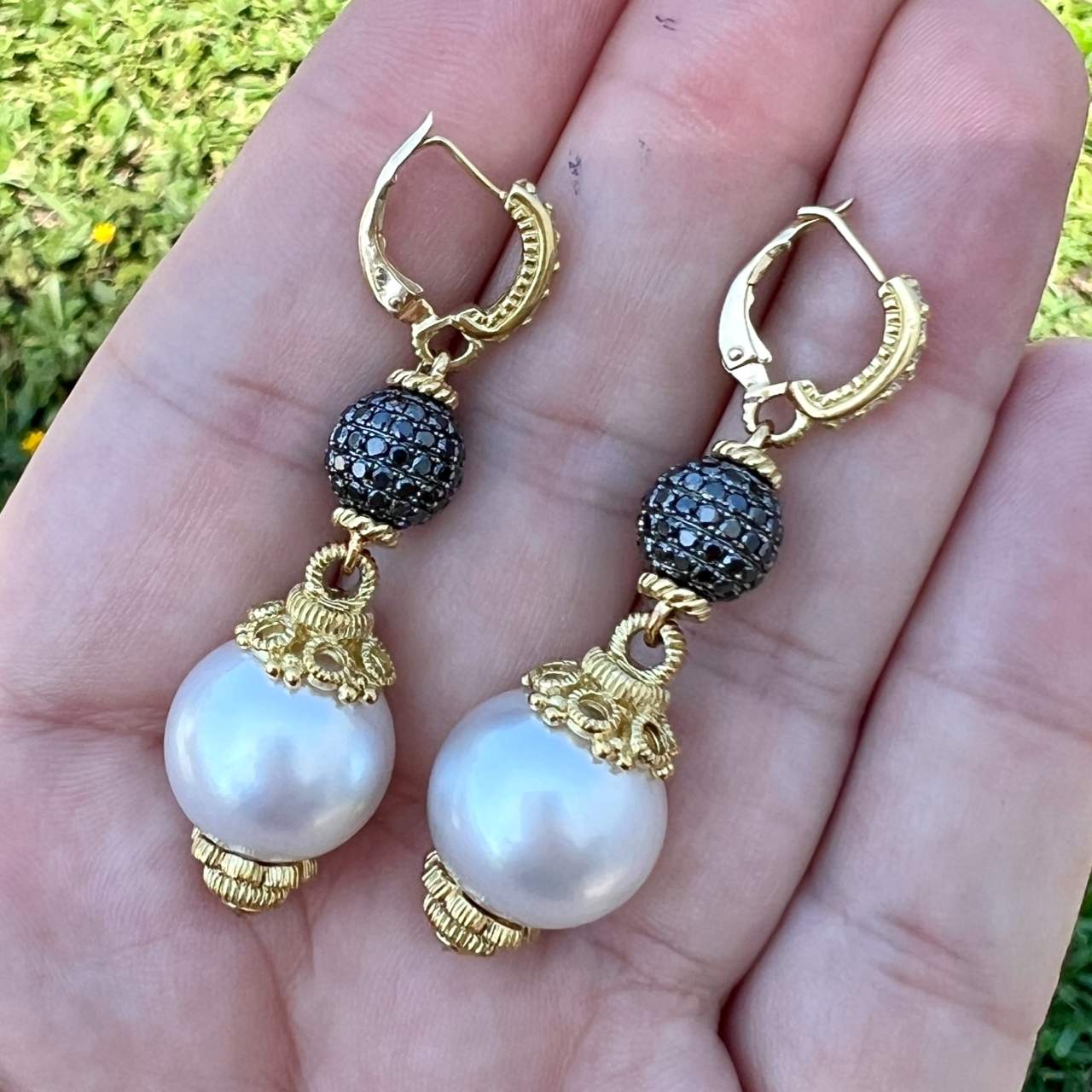 18K Yellow Gold South Sea Pearl & Black Diamond Earrings