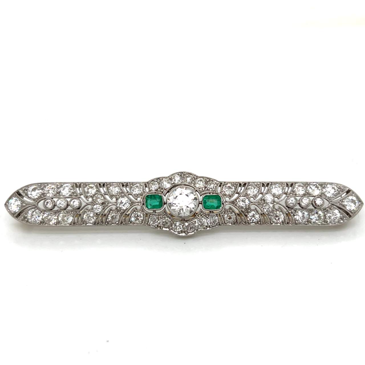 Art Deco Platinum Diamond & Emerald Brooch