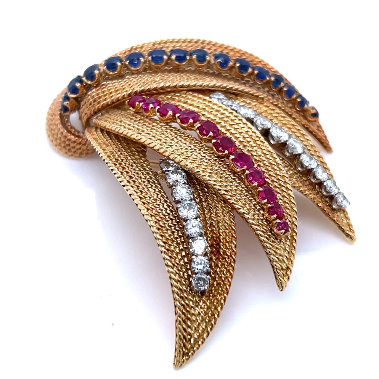 1950’s 18K Yellow Gold Burma Ruby, Sapphire, & Diamond Brooch
