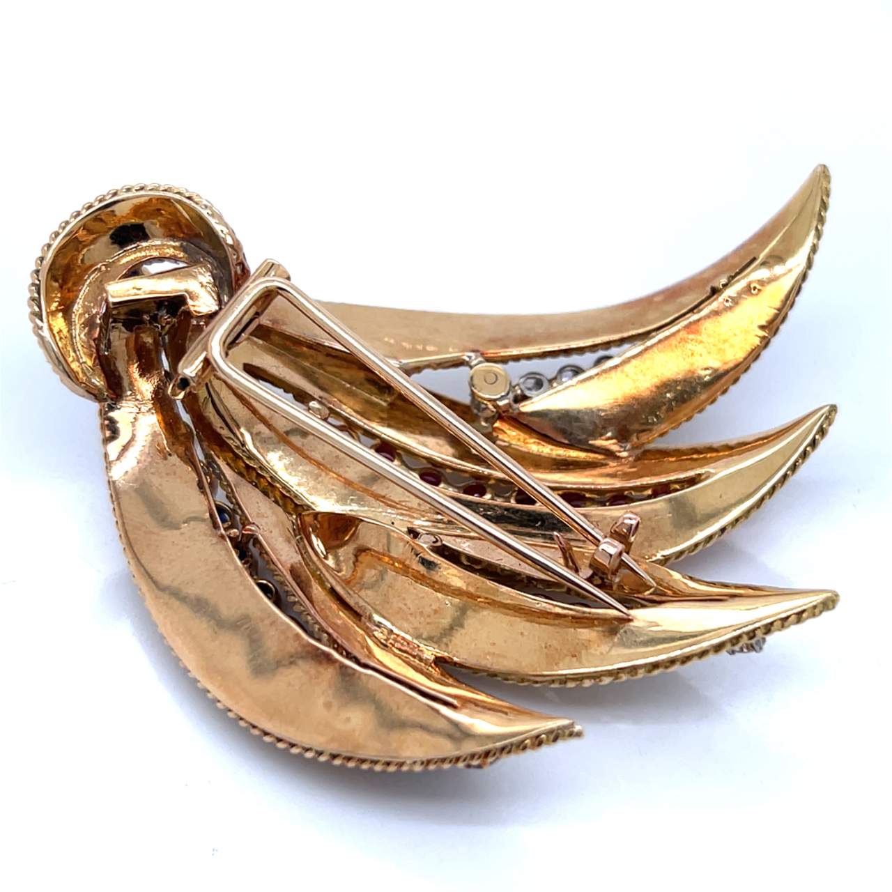 1950’s 18K Yellow Gold Burma Ruby, Sapphire, & Diamond Brooch