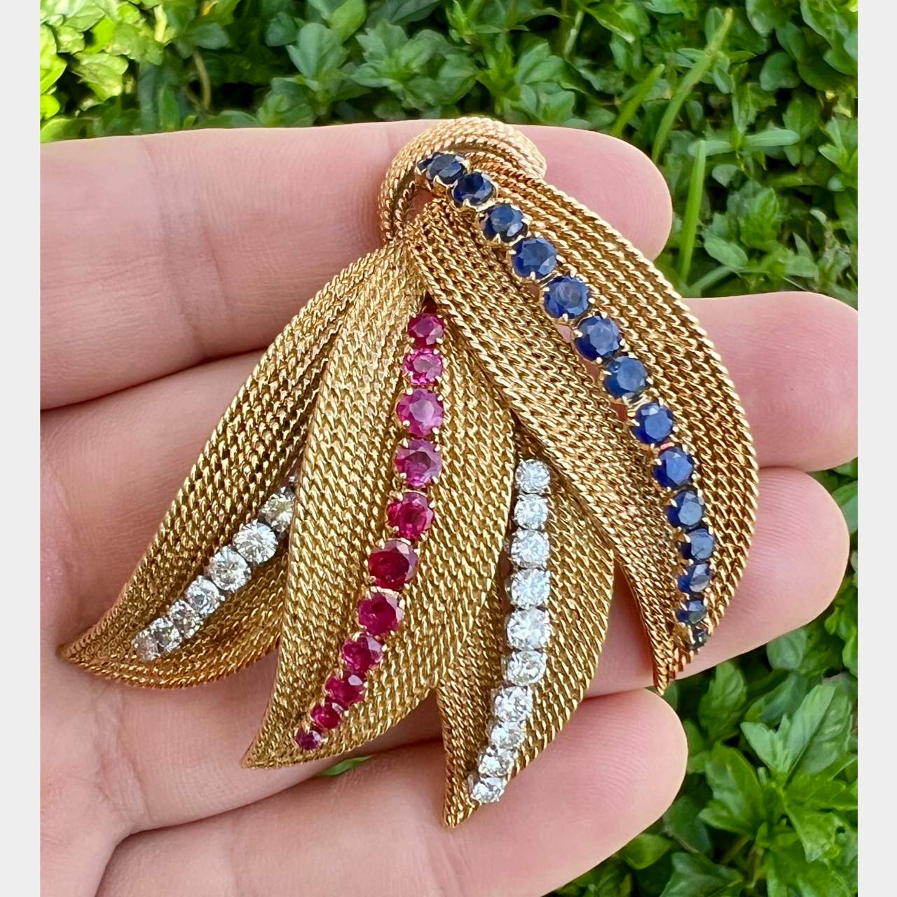1950’s 18K Yellow Gold Burma Ruby, Sapphire, & Diamond Brooch