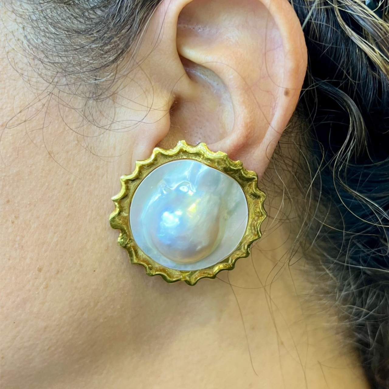 18K Yellow Gold Blister Pearl Earrings