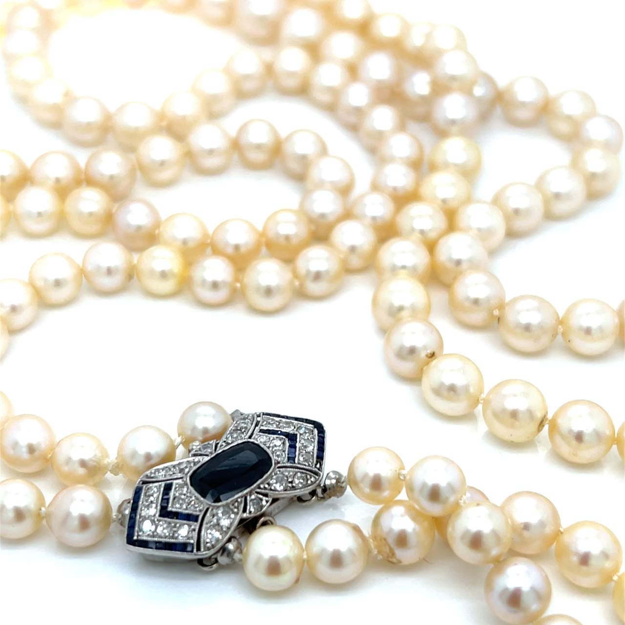 Platinum & 14K Cultured Pearl Necklace w/ Sapphire and Diamond Clasp