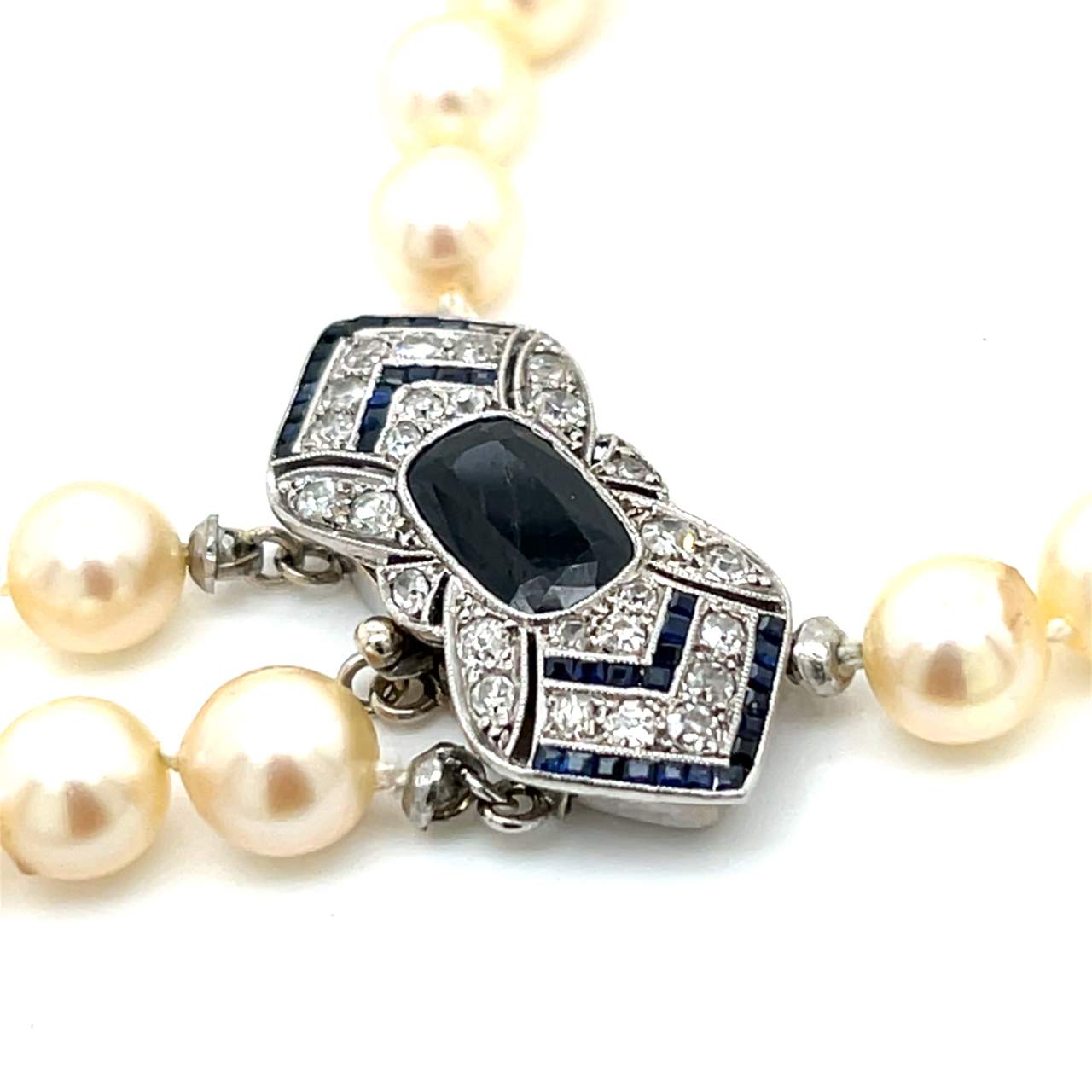 Platinum & 14K Cultured Pearl Necklace w/ Sapphire and Diamond Clasp