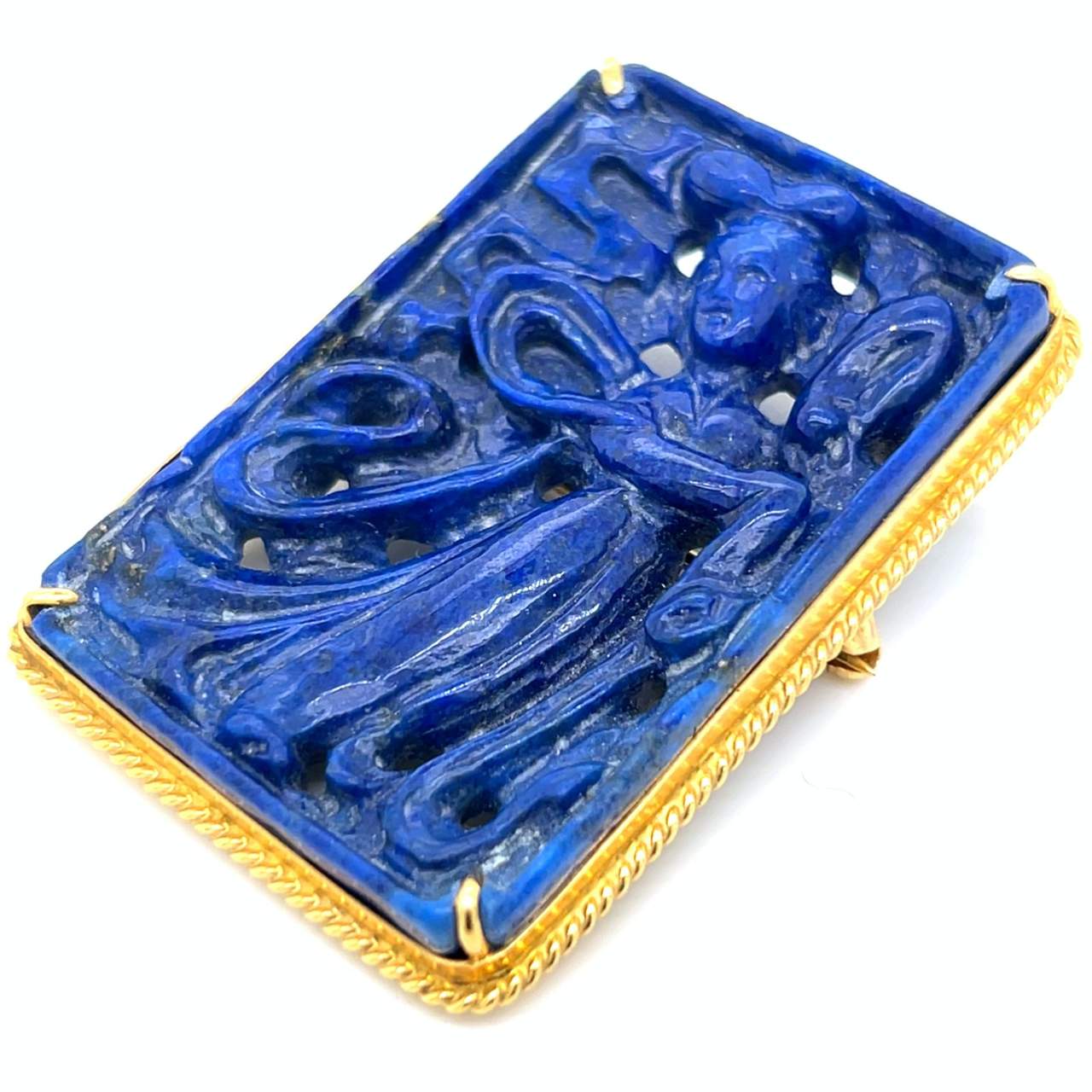 1960’s 14K Yellow Gold Carved Lapis Lazuli Brooch