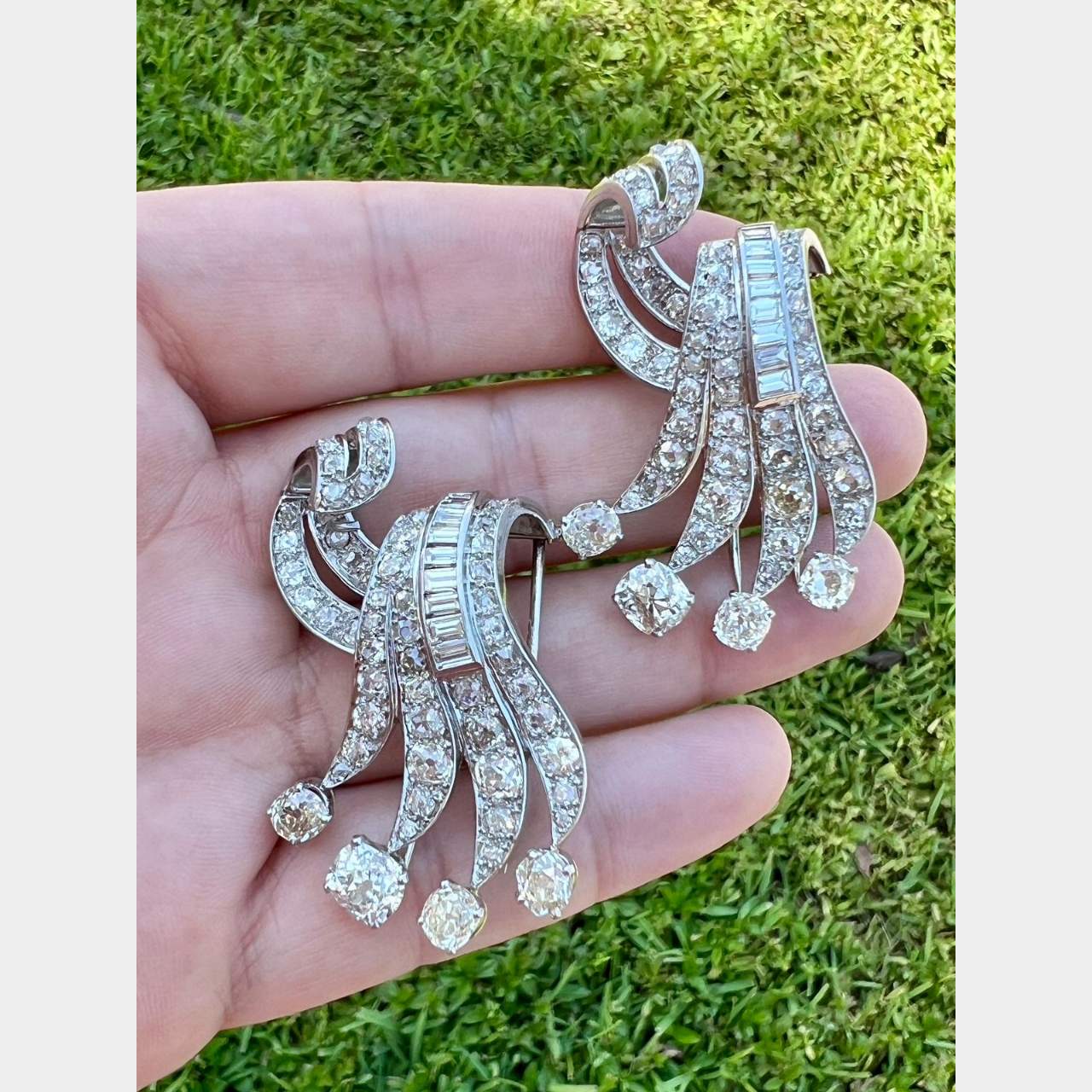 Art Deco Platinum 21.20 Ct. Diamond Clips/Brooches