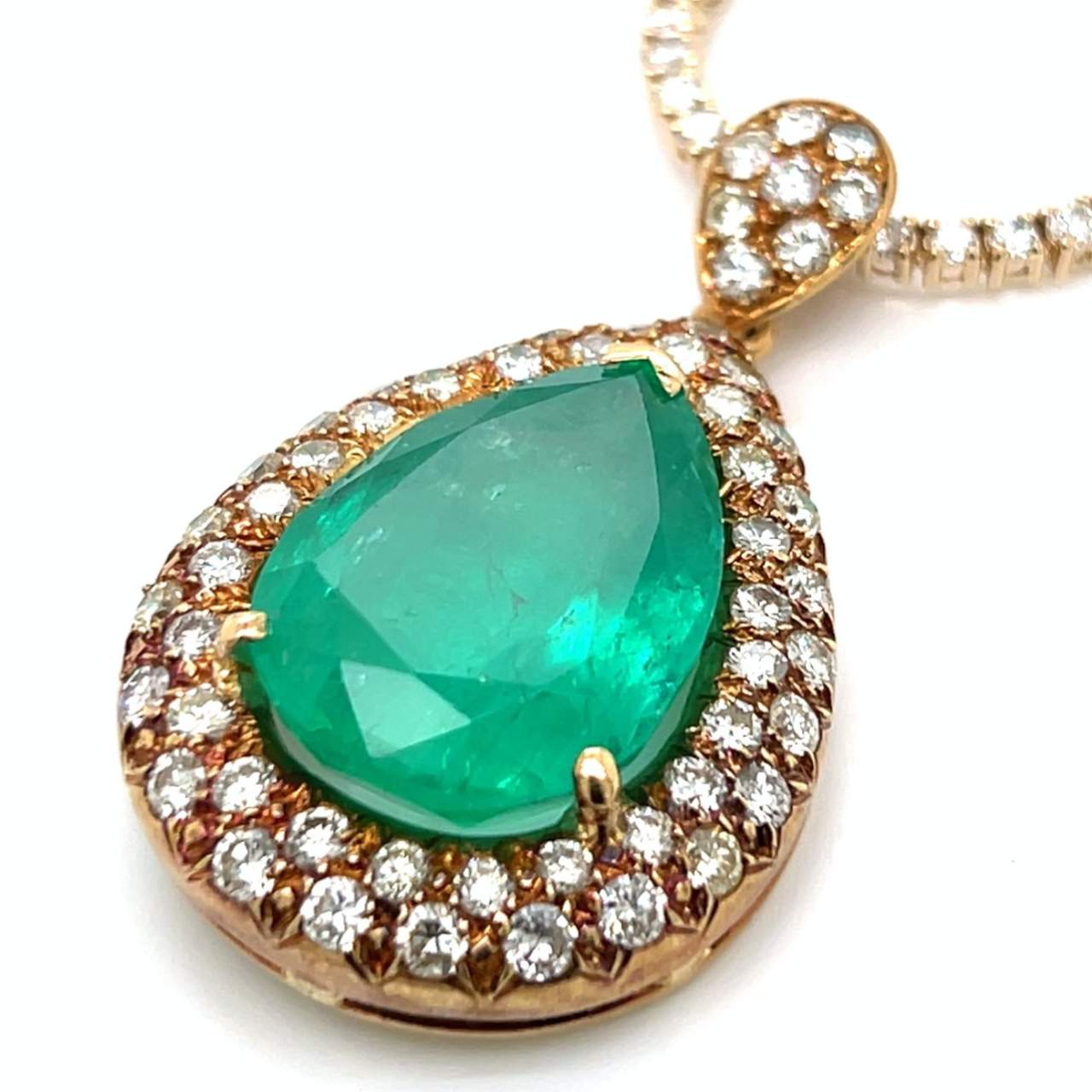 1960’s French 18K Yellow Gold SSEF Certified 15.50 Ct. Colombian Emerald & Diamond Pendant