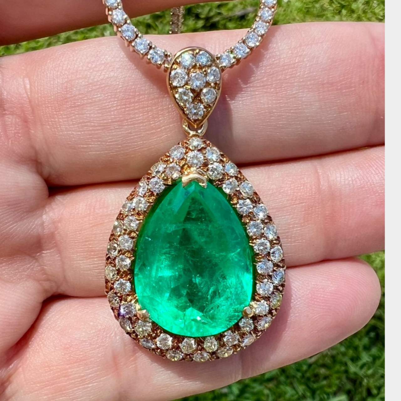 1960’s French 18K Yellow Gold SSEF Certified 15.50 Ct. Colombian Emerald & Diamond Pendant