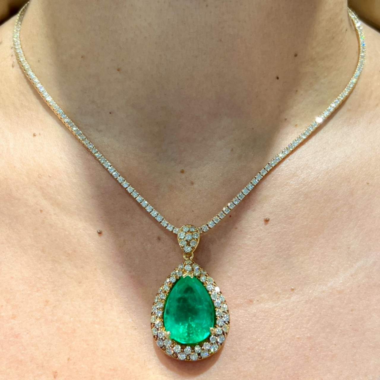 1960’s French 18K Yellow Gold SSEF Certified 15.50 Ct. Colombian Emerald & Diamond Pendant