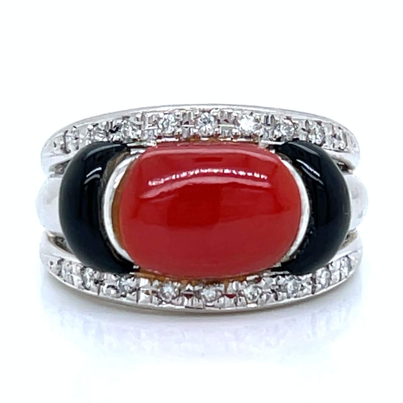 Platinum Diamond, Coral, and Onyx Ring