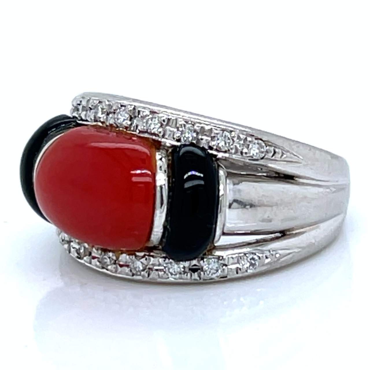 Platinum Diamond, Coral, and Onyx Ring