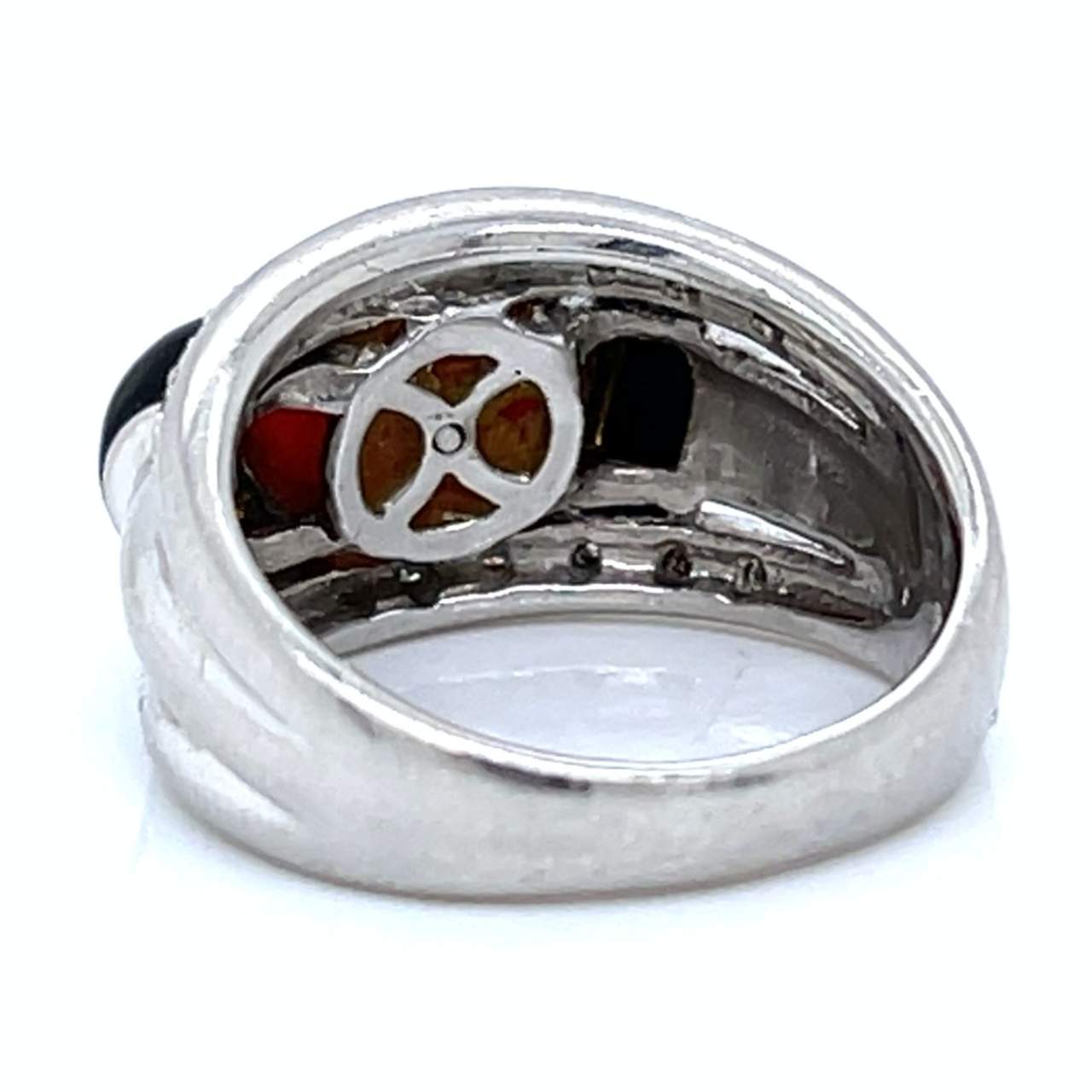 Platinum Diamond, Coral, and Onyx Ring