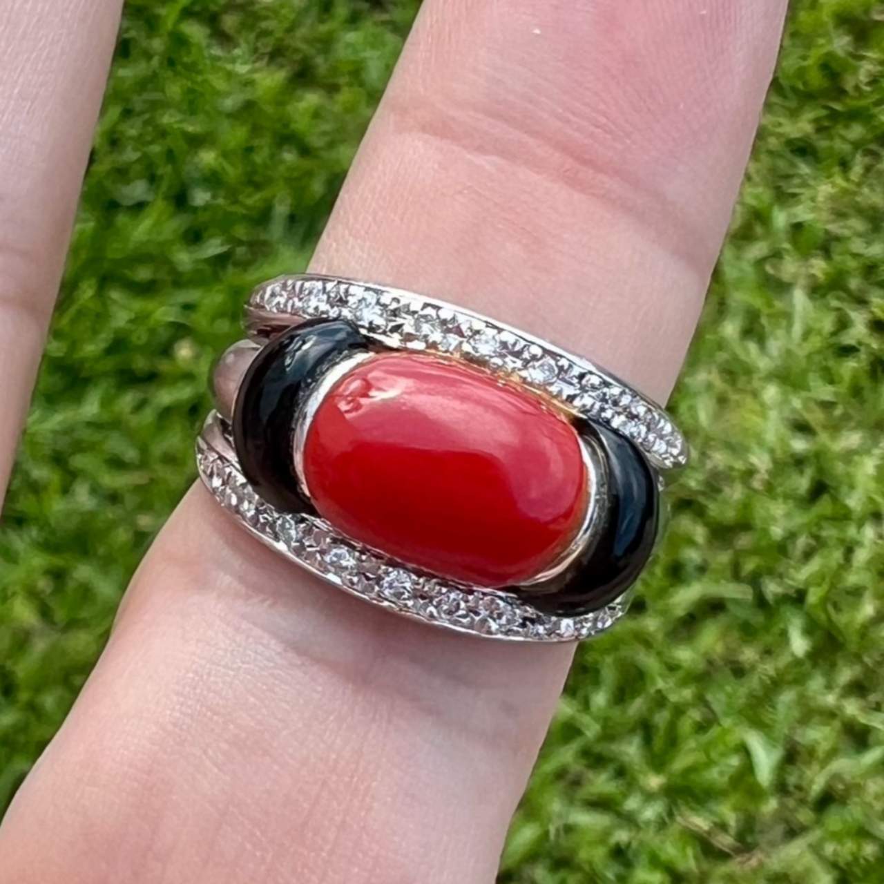 Platinum Diamond, Coral, and Onyx Ring