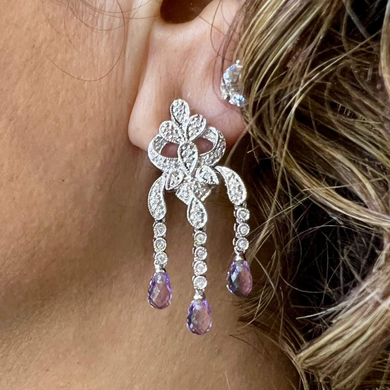 18K White Gold Amethyst & Diamond Earrings