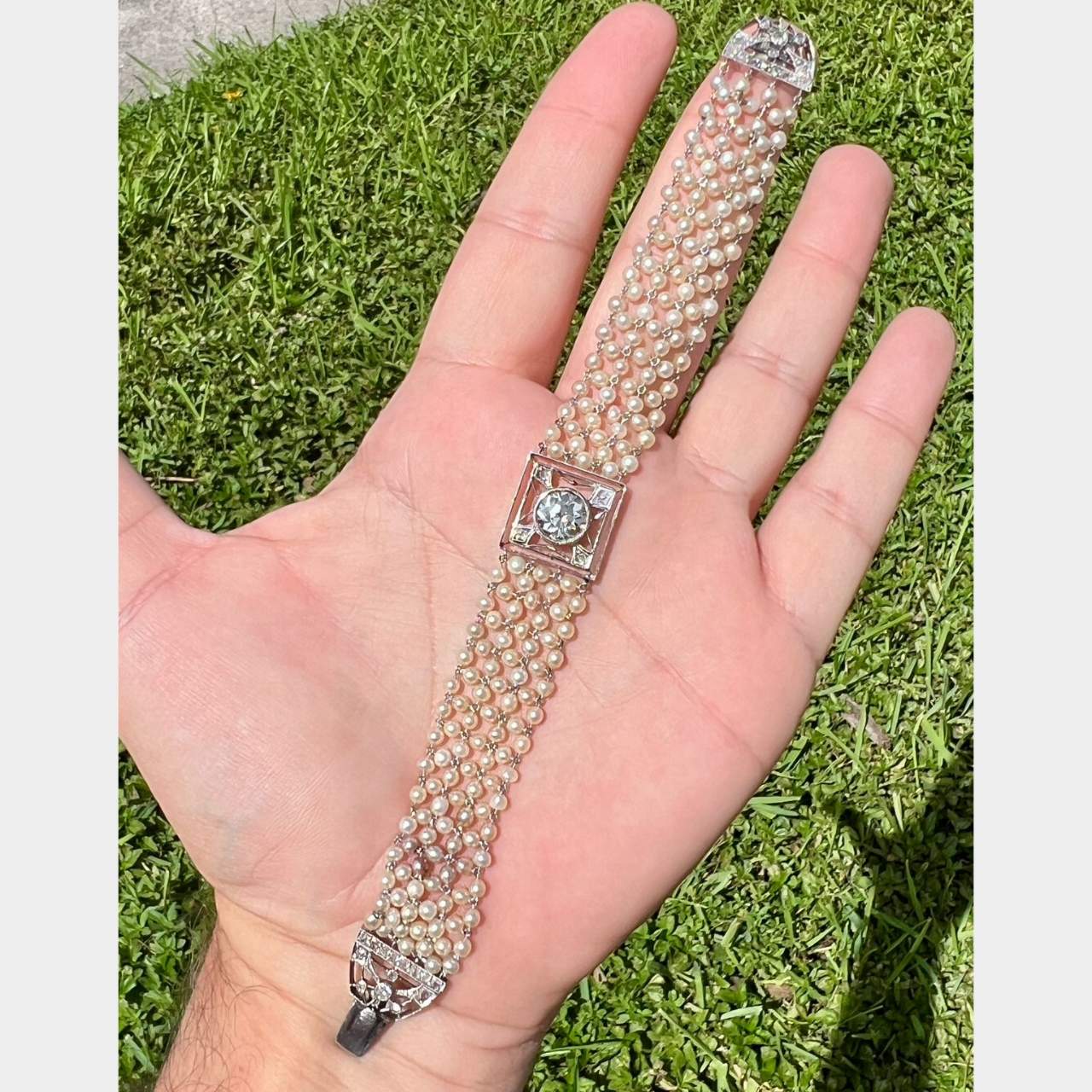 Art Deco Platinum Natural Pearl & Diamond Bracelet