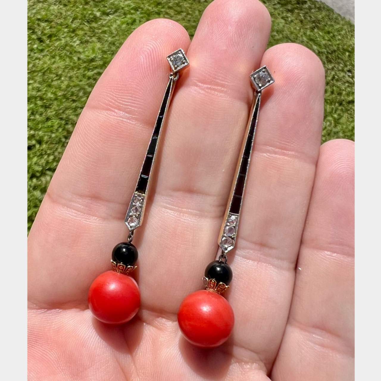 Art Deco 18K & Platinum Diamond, Coral, and Onyx Earrings