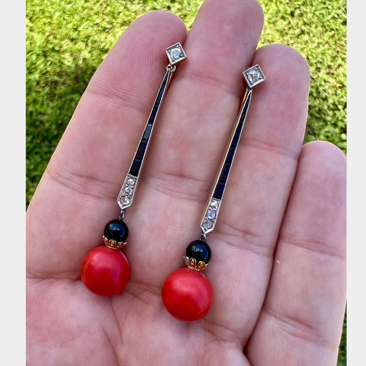 Art Deco 18K & Platinum Diamond, Coral, and Onyx Earrings