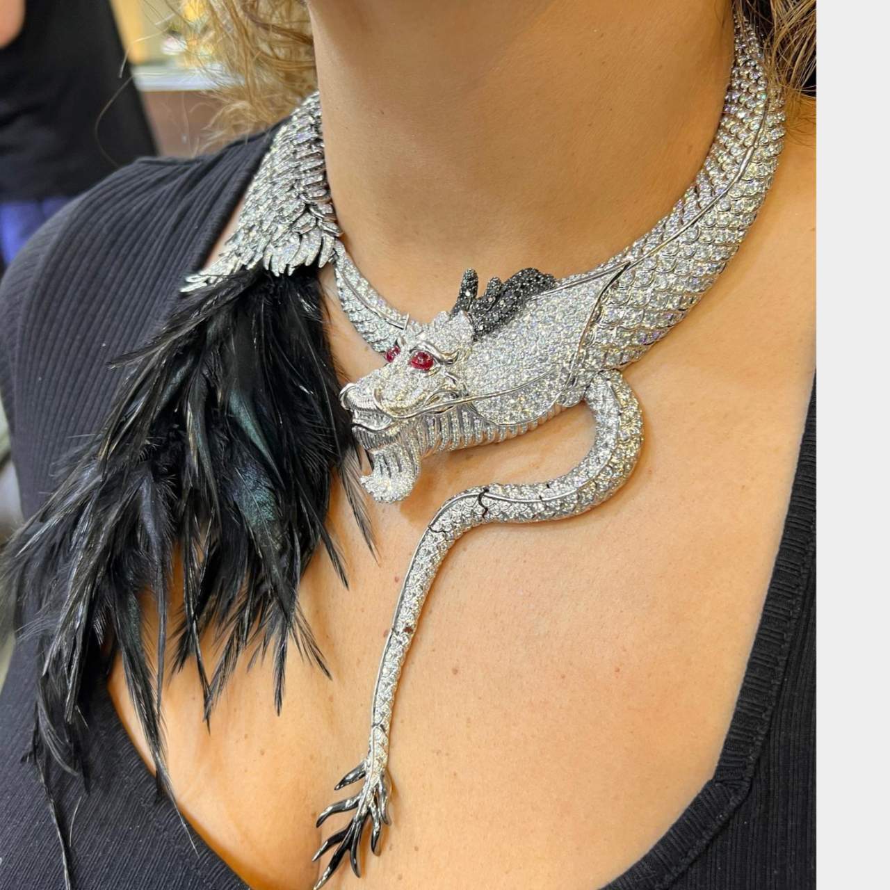 French 18K White Gold Diamond & Ruby Dragon Necklace