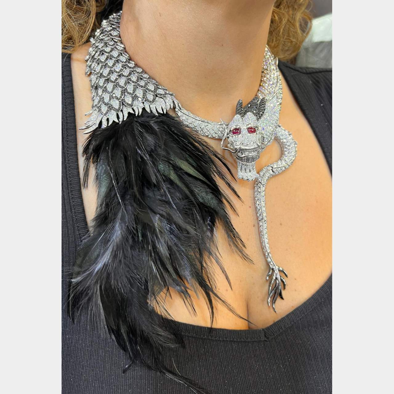 French 18K White Gold Diamond & Ruby Dragon Necklace