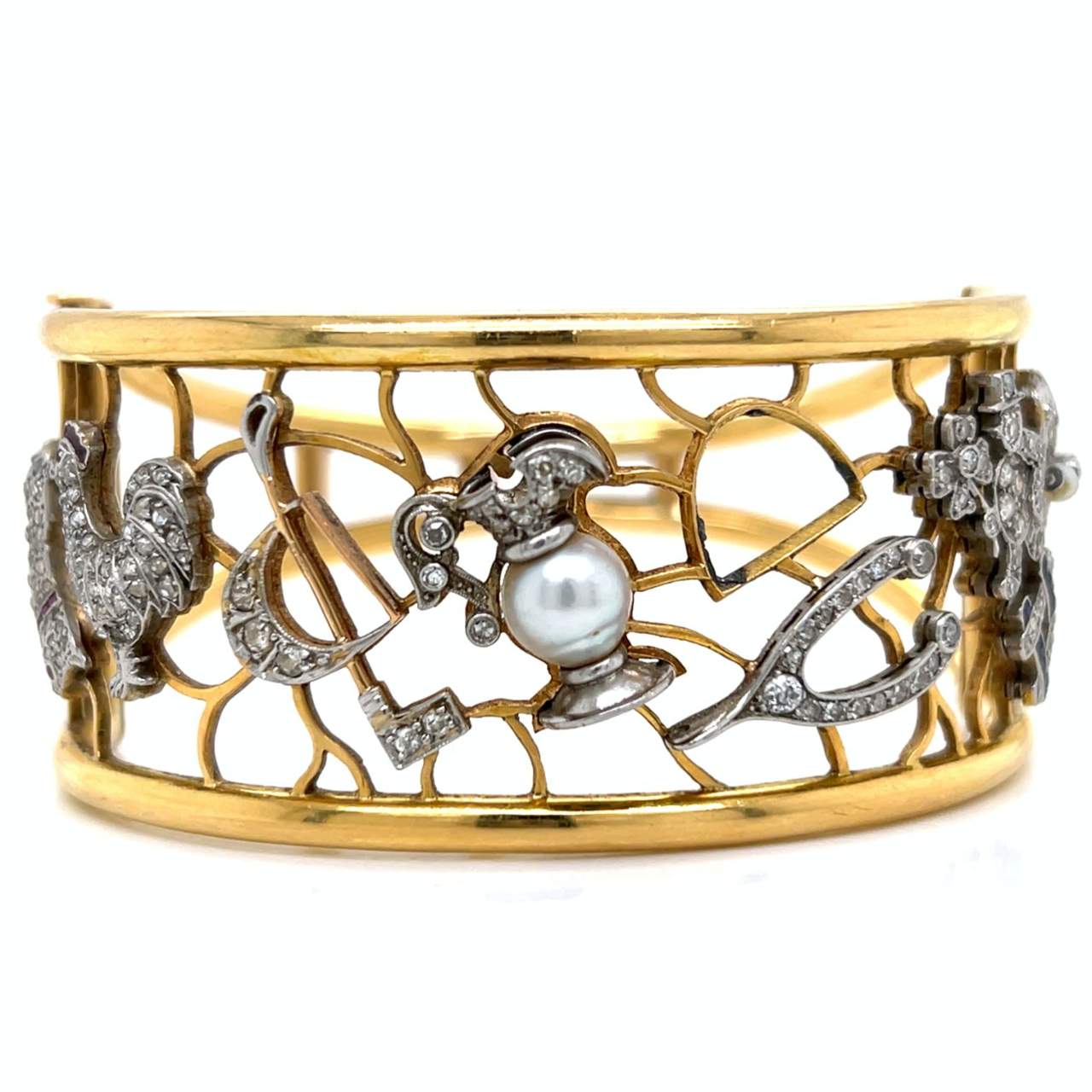 18K Yellow Gold Bangle w/ Platinum Diamond Charms