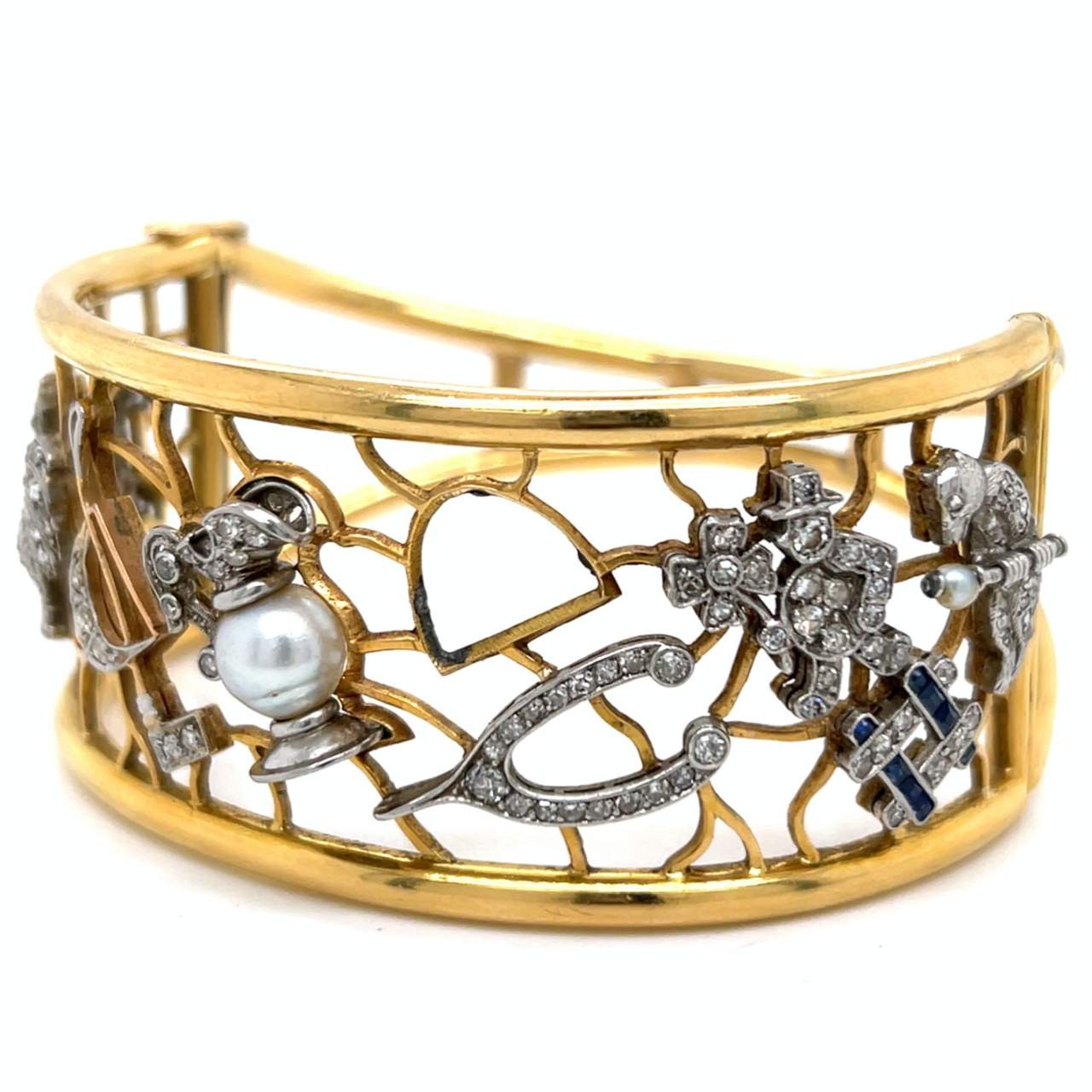 18K Yellow Gold Bangle w/ Platinum Diamond Charms