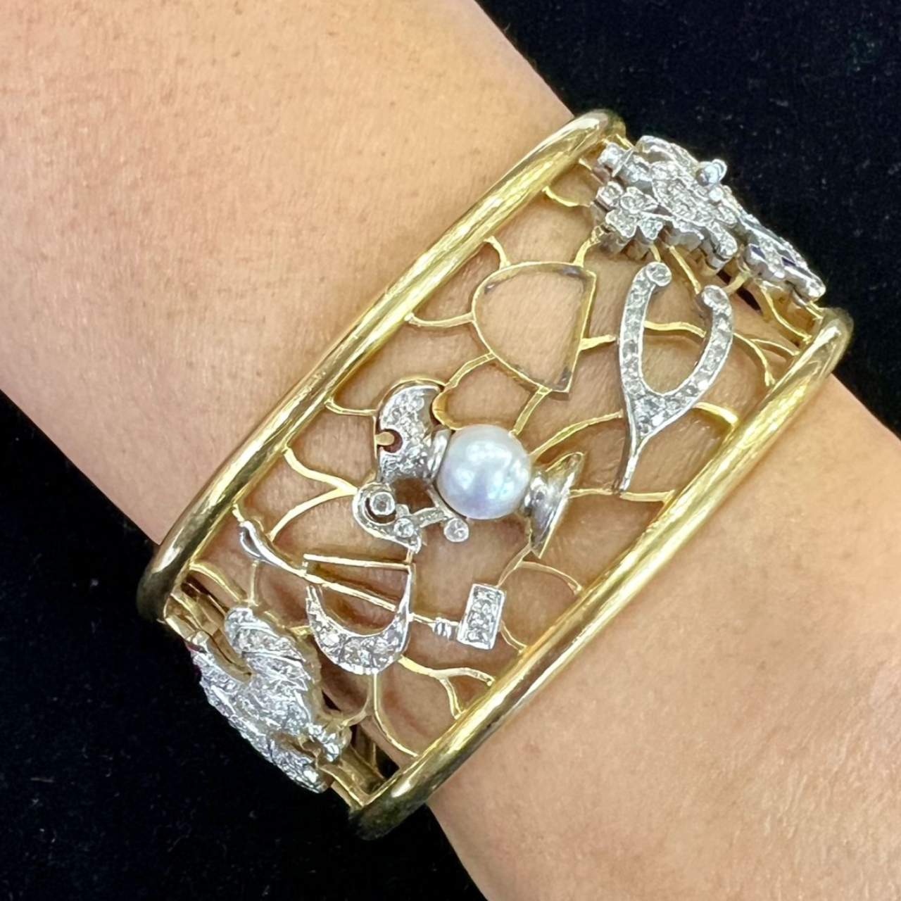 18K Yellow Gold Bangle w/ Platinum Diamond Charms