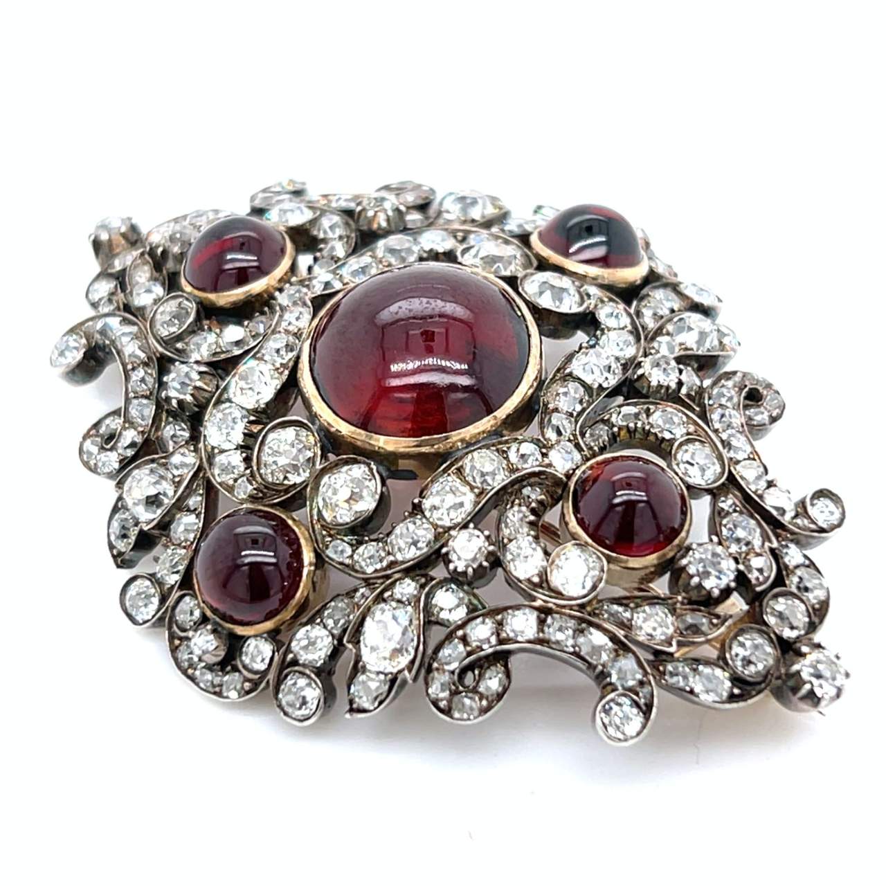 Victorian 14K & Silver Top Diamond and Garnet Brooch