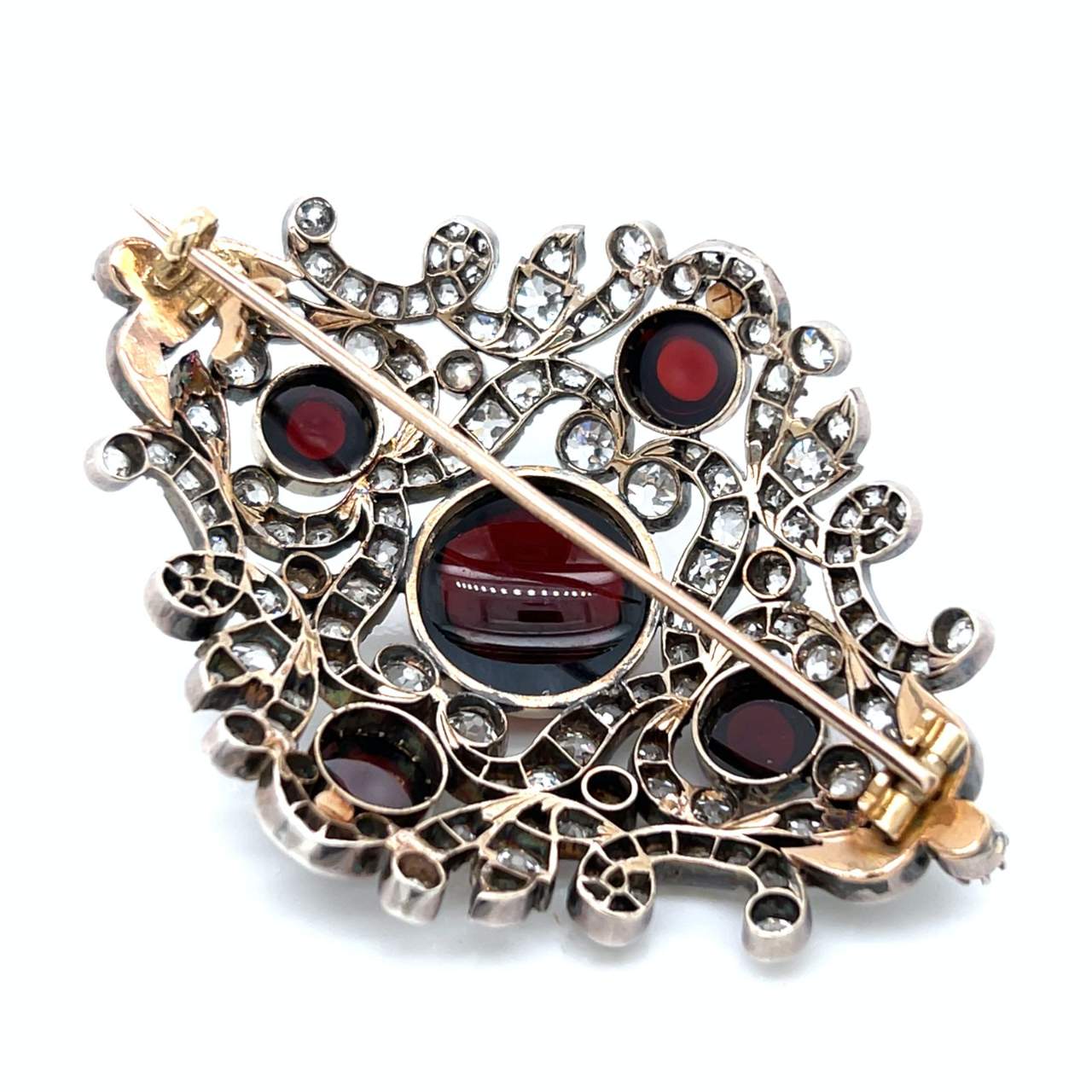 Victorian 14K & Silver Top Diamond and Garnet Brooch