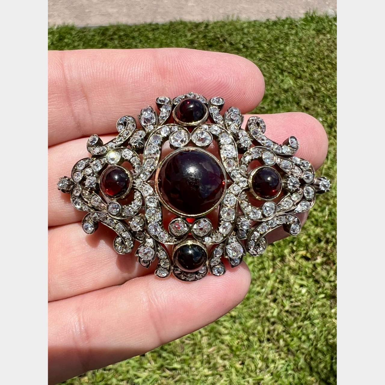 Victorian 14K & Silver Top Diamond and Garnet Brooch