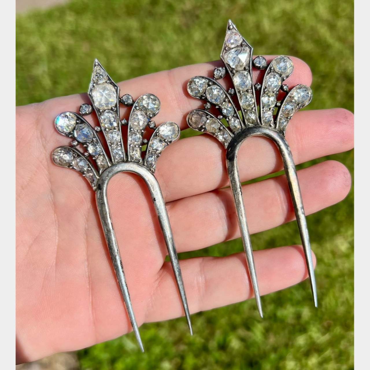 Victorian 18K & Silver Diamond Hair Combs