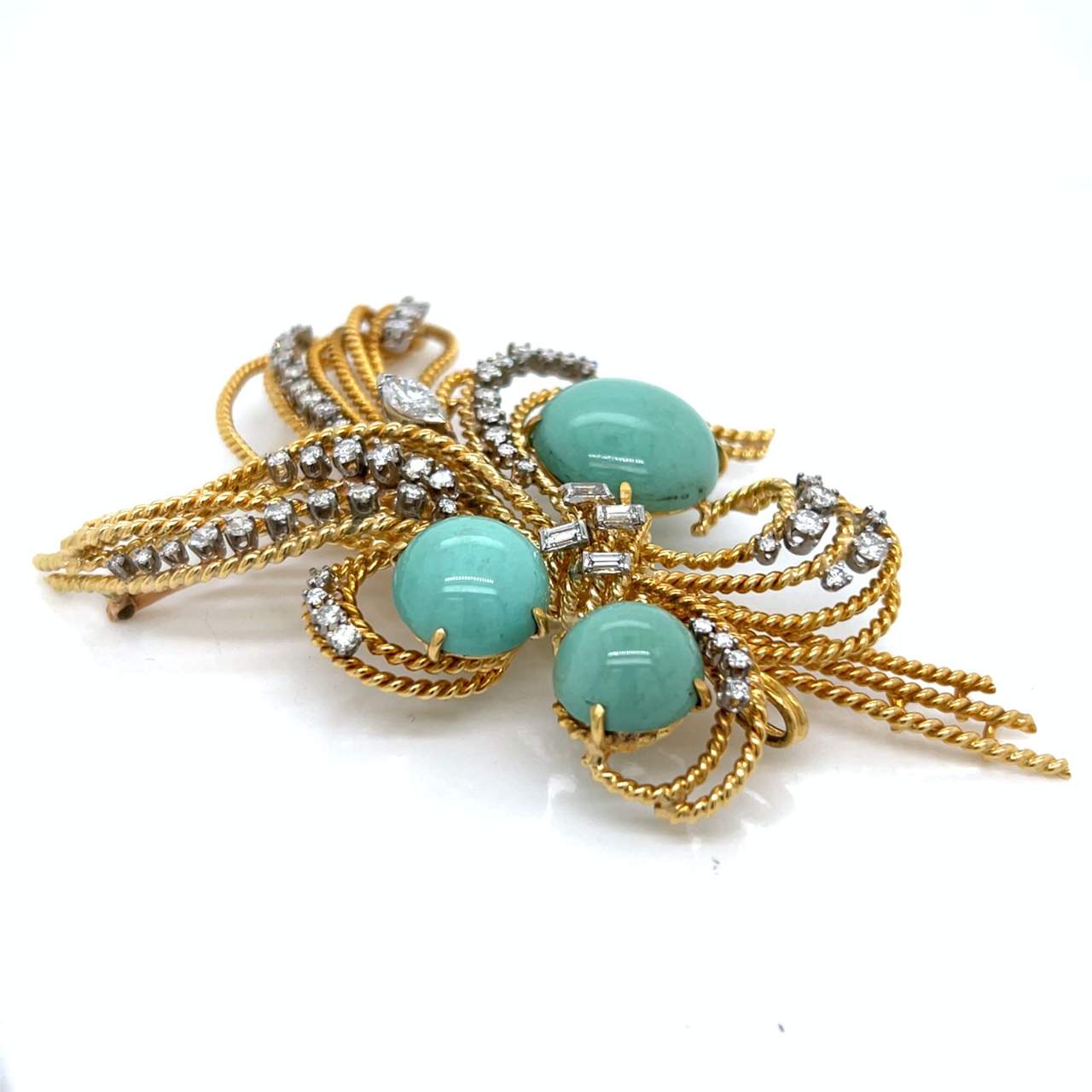 1960’s 18K Yellow Gold Turquoise & Diamond Brooch