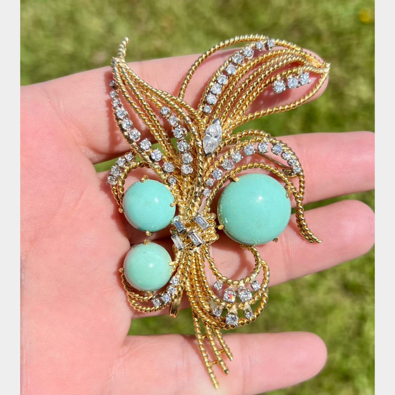 1960’s 18K Yellow Gold Turquoise & Diamond Brooch